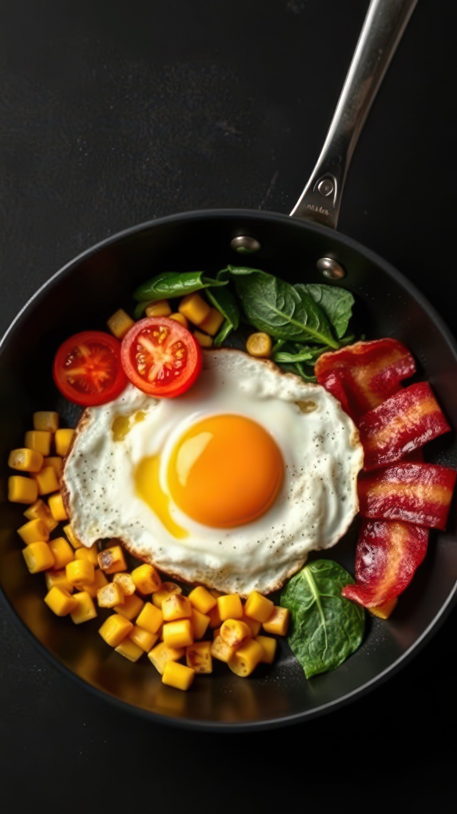 Colorful breakfast skillet featuring vibrant ingredients and a sunny side up egg on a dark background